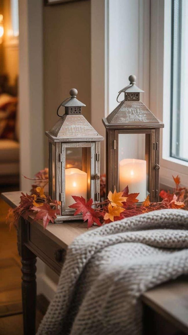 Weathered Wood Lanterns Warm Entry