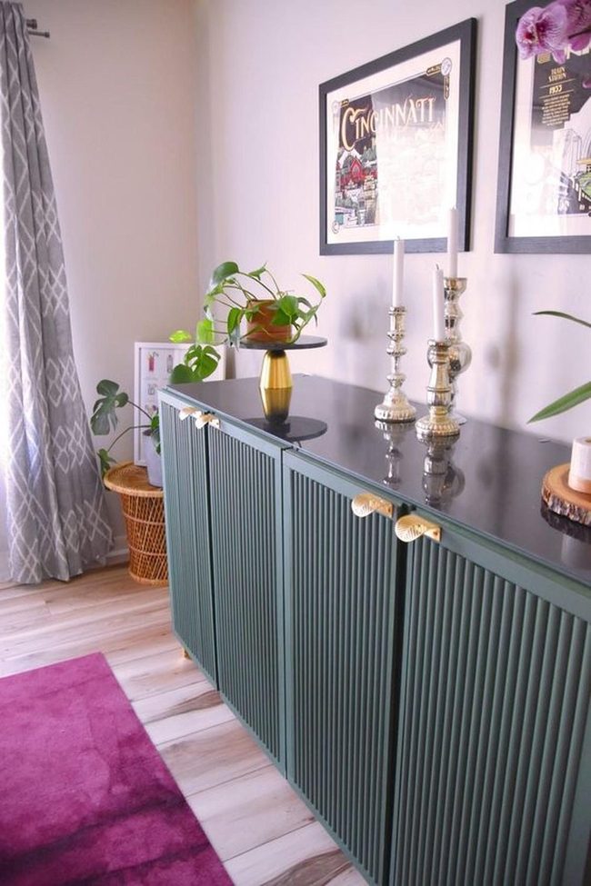 Green Ribbed Cabinets Gold Handles