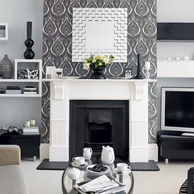 Monochrome Fireplace With Patterned Statement Wall