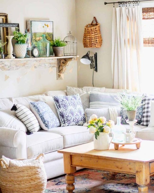 Blue Gray Pillows On White Sectional