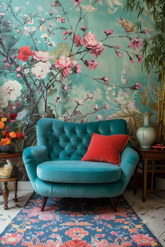 Turquoise Velvet Sofa Seventies Vibes