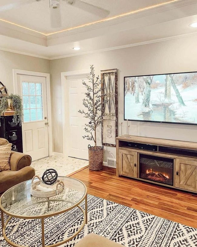 Wicker Baskets Green Plants Fireplace Focal Point