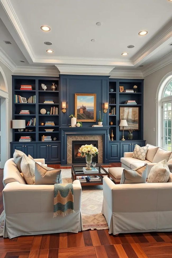 Navy Shelves White Trim Storage