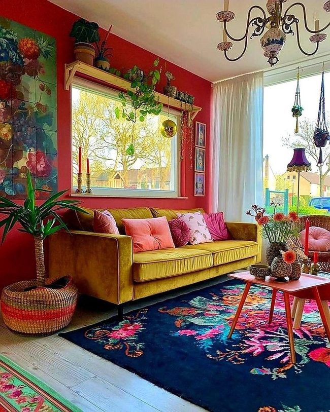 Red Walls, Mustard Sofa, Dramatic Florals