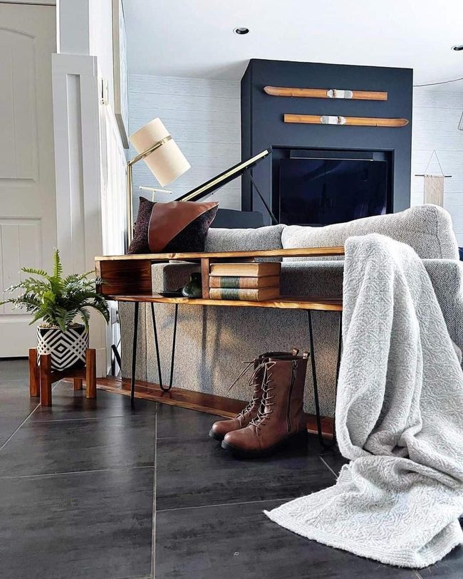 Natural Wood Console Behind Couch