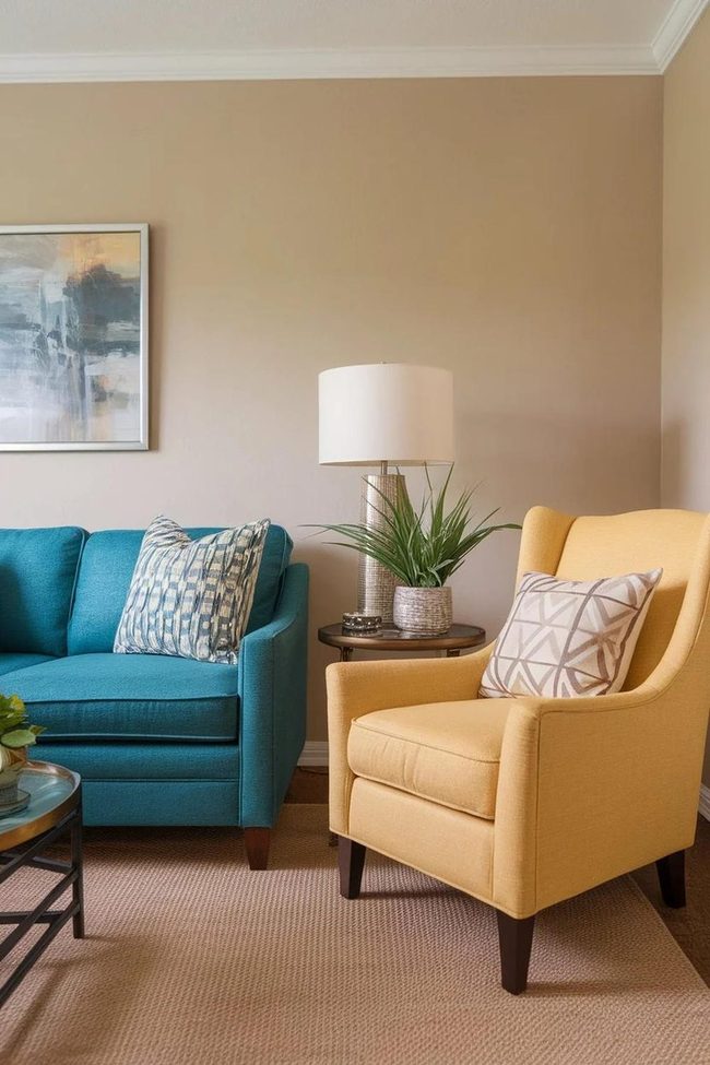 Teal Couch Yellow Accents Burst