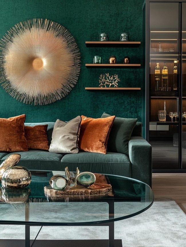 Deep Green Walls with Transparent Glass Accents