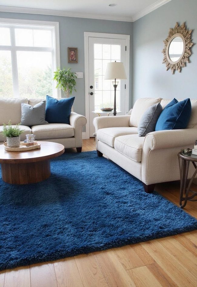Navy Blue Rug Anchors Living Room Design