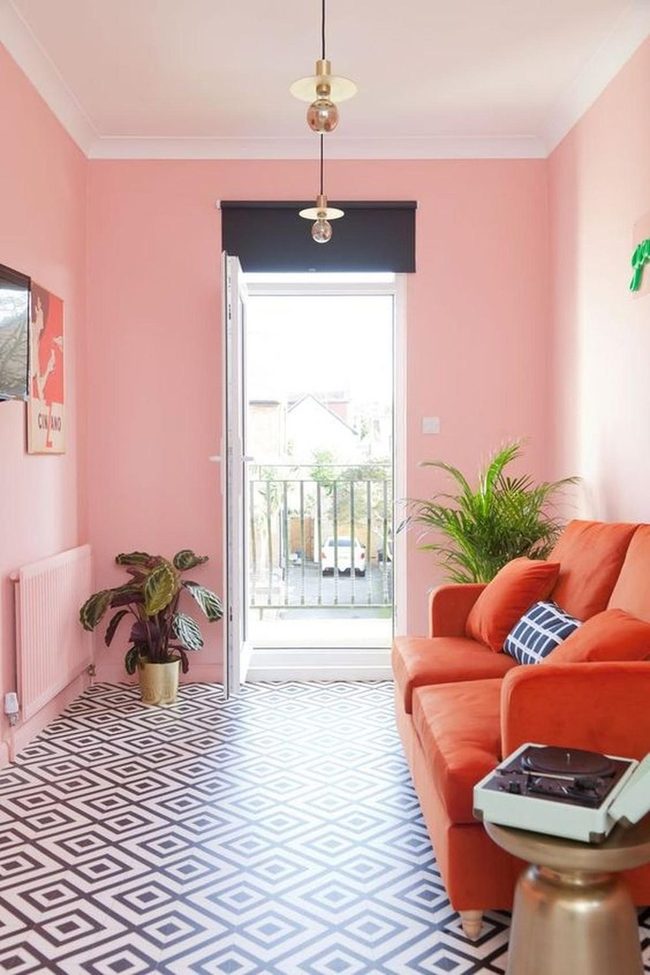 Pink Walls Orange Sofas Green Plants