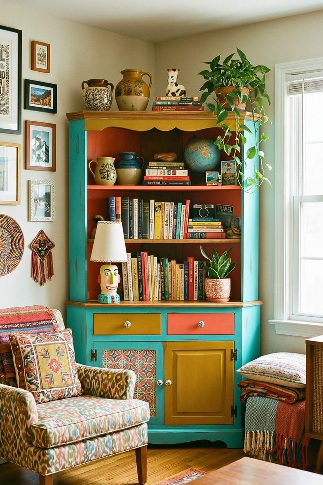 Curved Teal Cabinet With Orange Accents