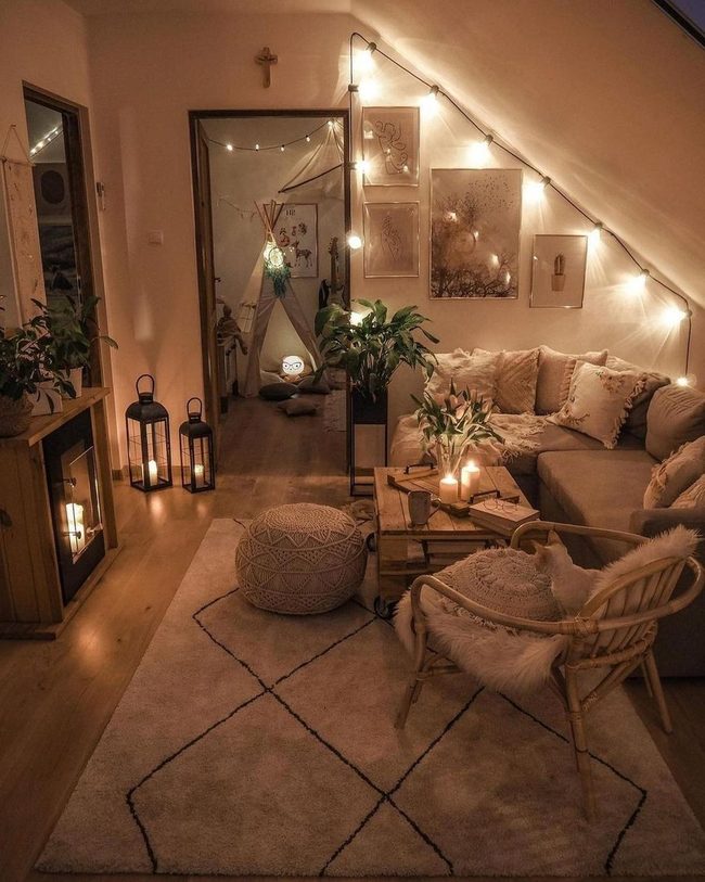 Wooden Nook Under Soft String Lights