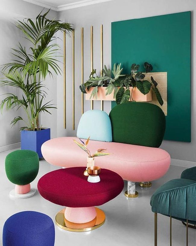 Pink Couch Meets Deep Green Statement