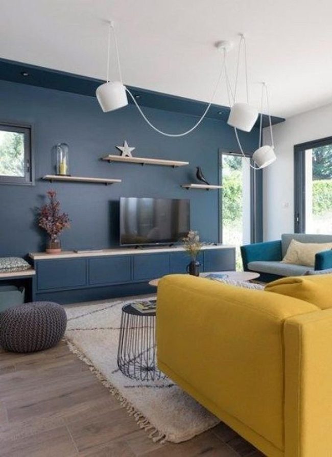 Bright Yellow Sofa, Serene Blue Walls