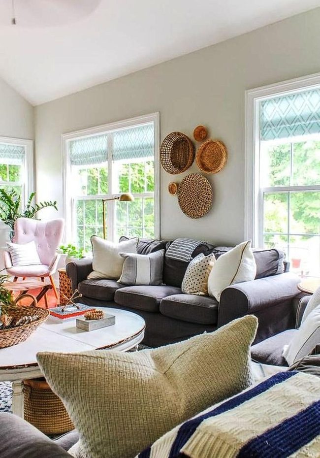 Sunlit Gray Living Room With Green Plants