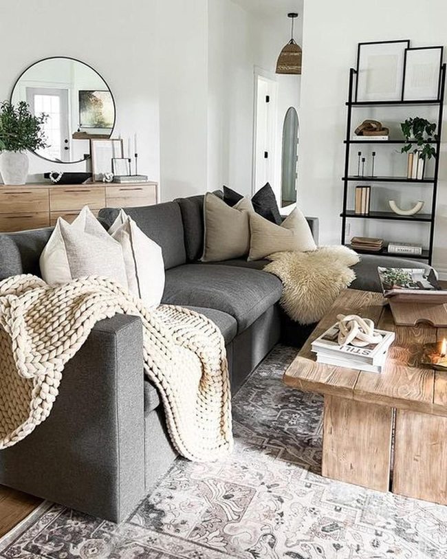 Gray Sofa, Knit Blanket, Earth Tones