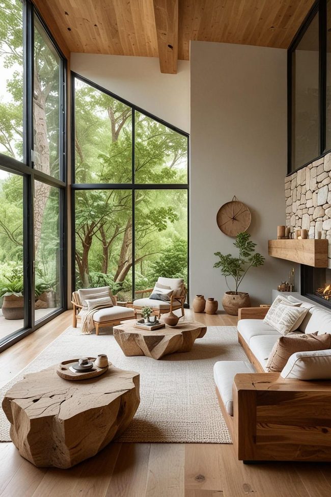 Sunlit Room with Raw Oak and Stone