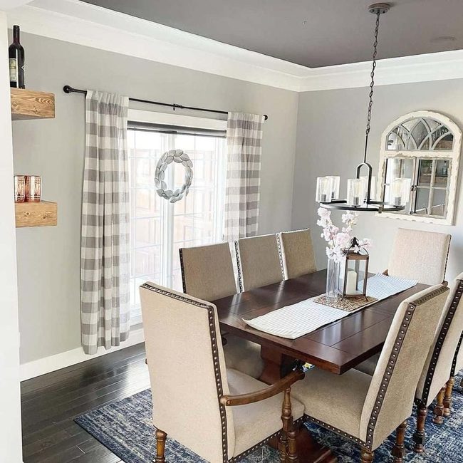 Gray Plaid Curtains, Natural Wood Foundation