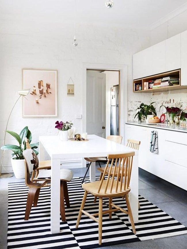 White Cabinets Green Plants Black Stripes