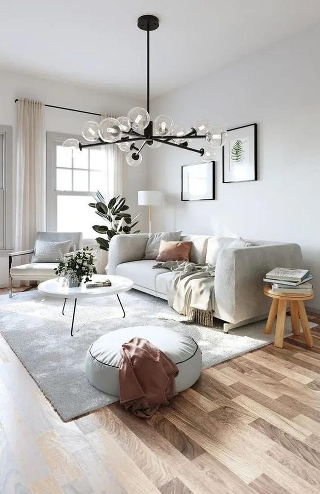 Gray Walls Black Chandeliers Natural Wood