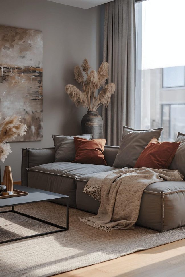 Grey Sofa With Rust Cushion Layers