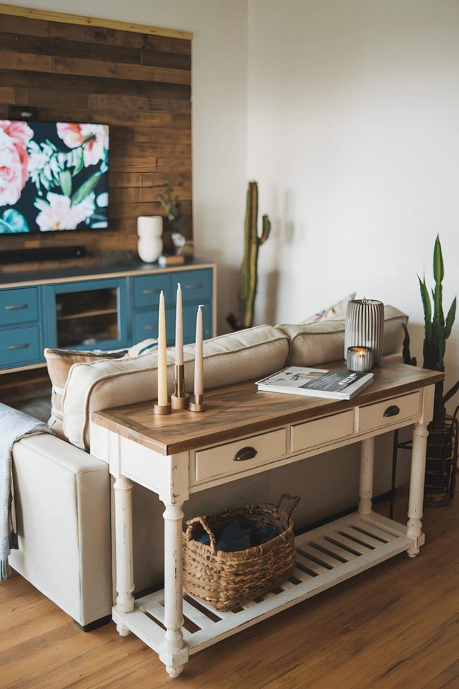Beige Couch Anchors Wooden Wall Space
