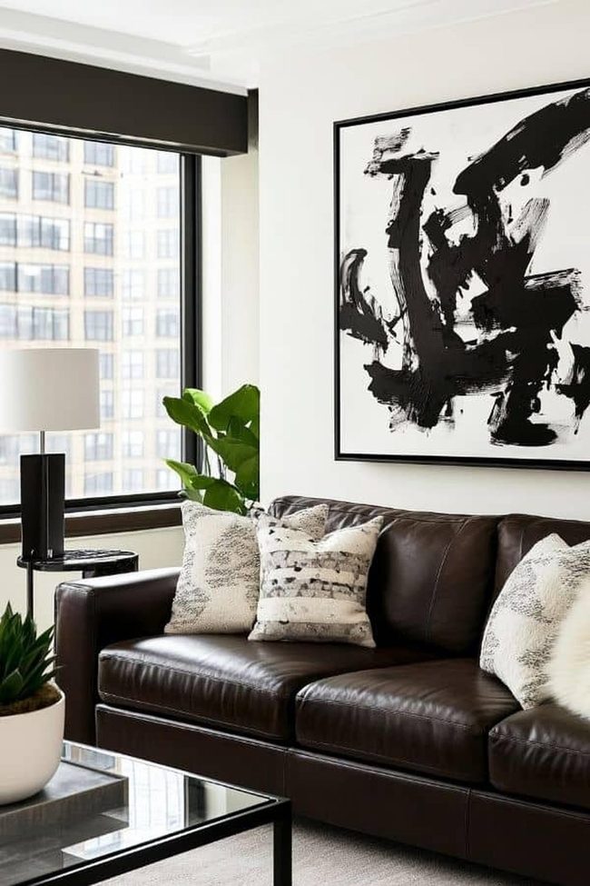 Dark Leather Sofa Minimalist Living