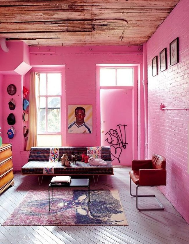 Pink Walls Meet Natural Wood Beams