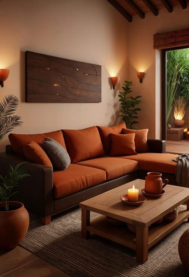 Brown Sofa With Warm Amber Glow