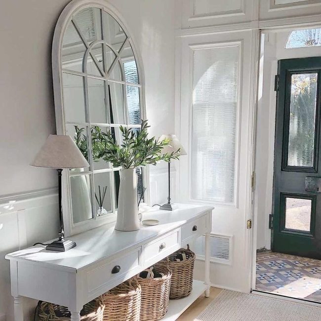 White Entryway Table With Paneled Mirror