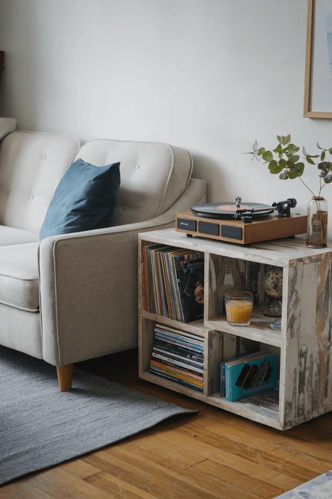 Multi-Shelf Walnut Organizing With Gray Sofa