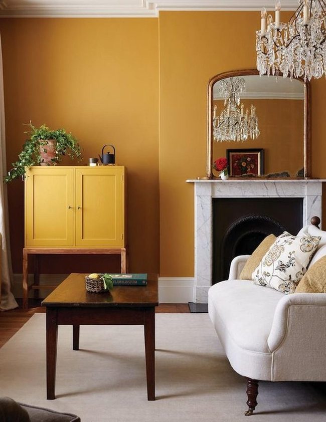 Mustard Walls, Marble Fireplace, Crystal Light