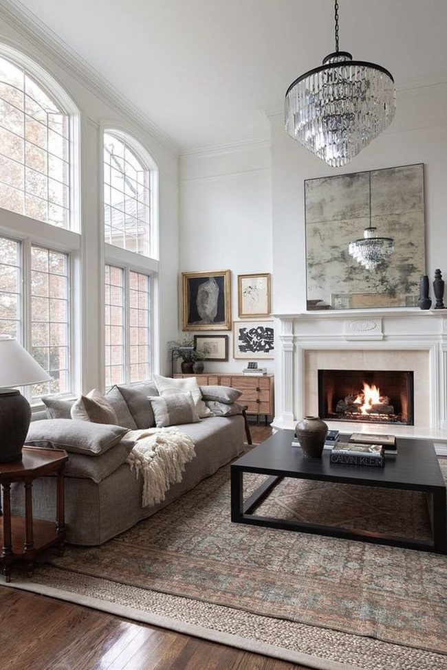 Crystal Chandelier Gray Living Room