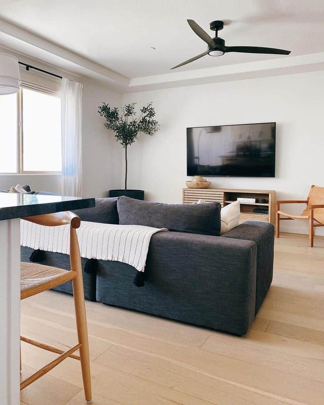 Dark Gray Sofa, White Walls, Minimalist