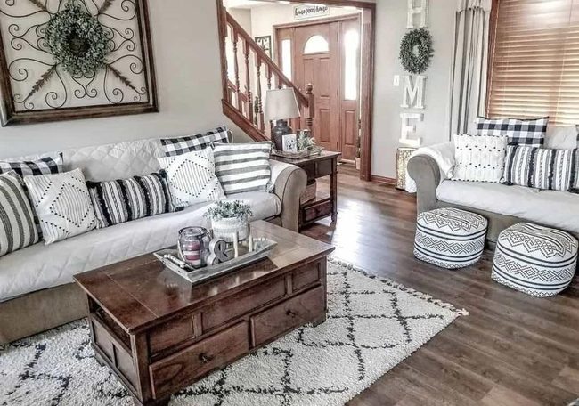 Neutral Sofas With Tasseled Rug