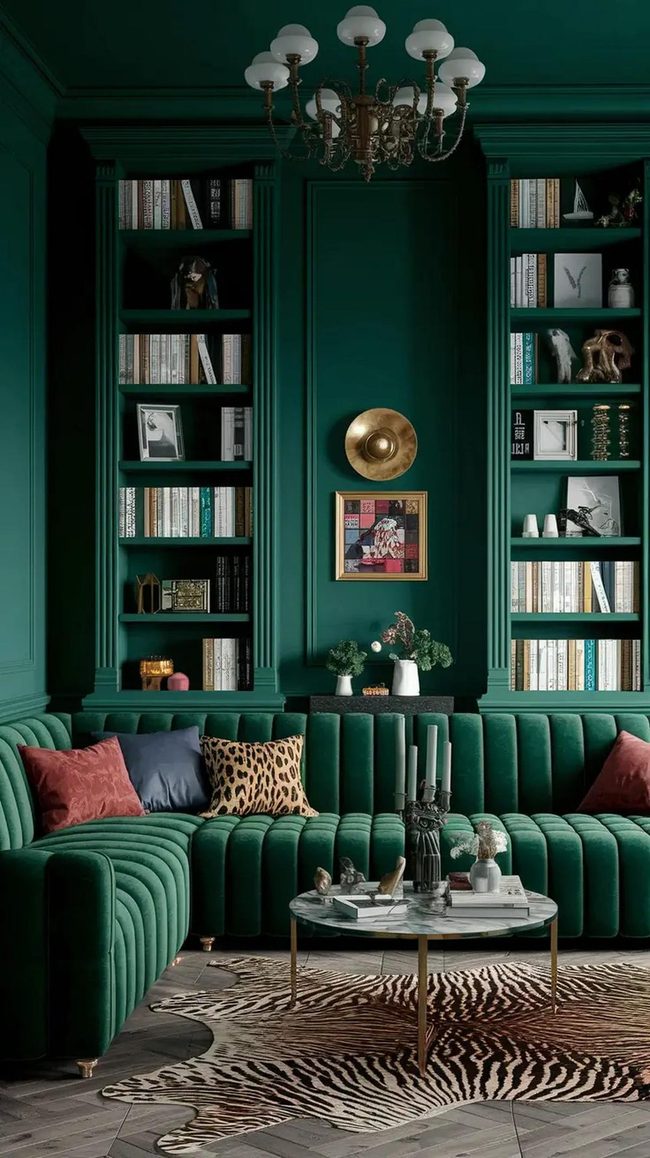 Deep Green Maximalist Living Room