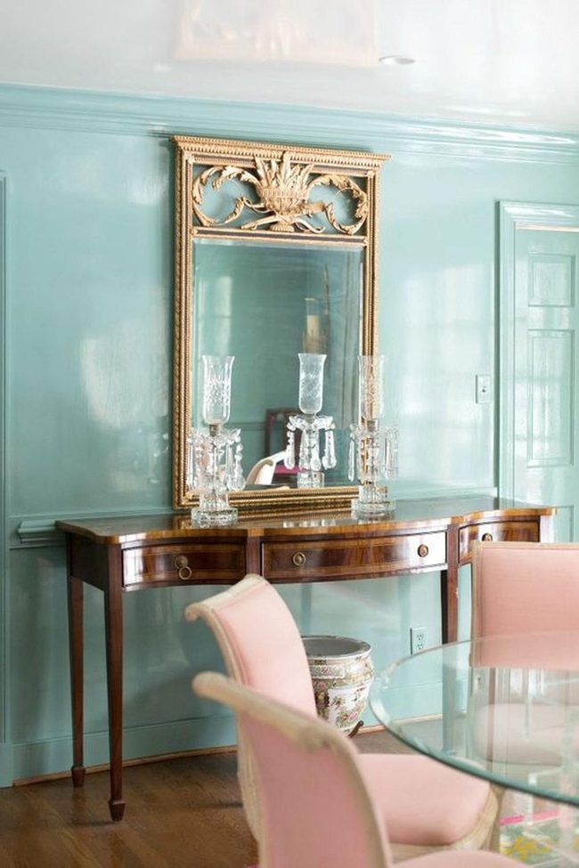 Light Blue Walls With Golden Mirror Details