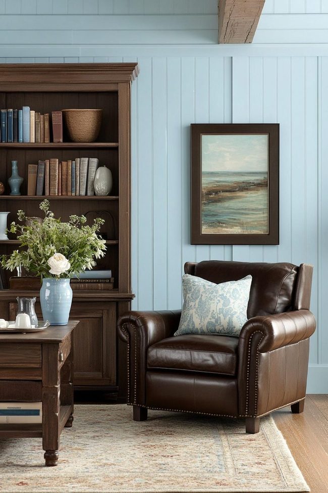 Sky Blue Walls Brown Furniture Statement