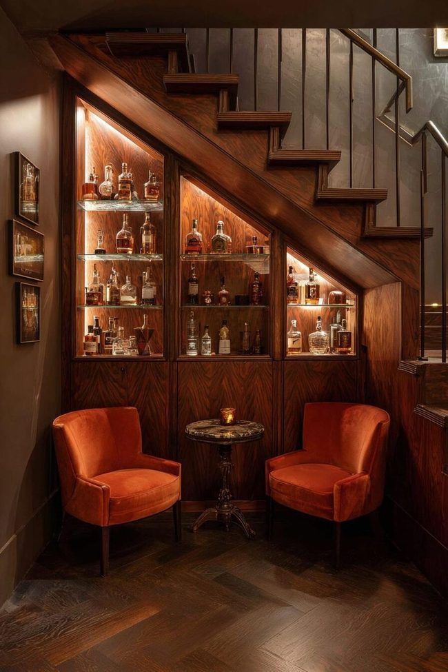 Mirrored Bar Nook Under Stairs