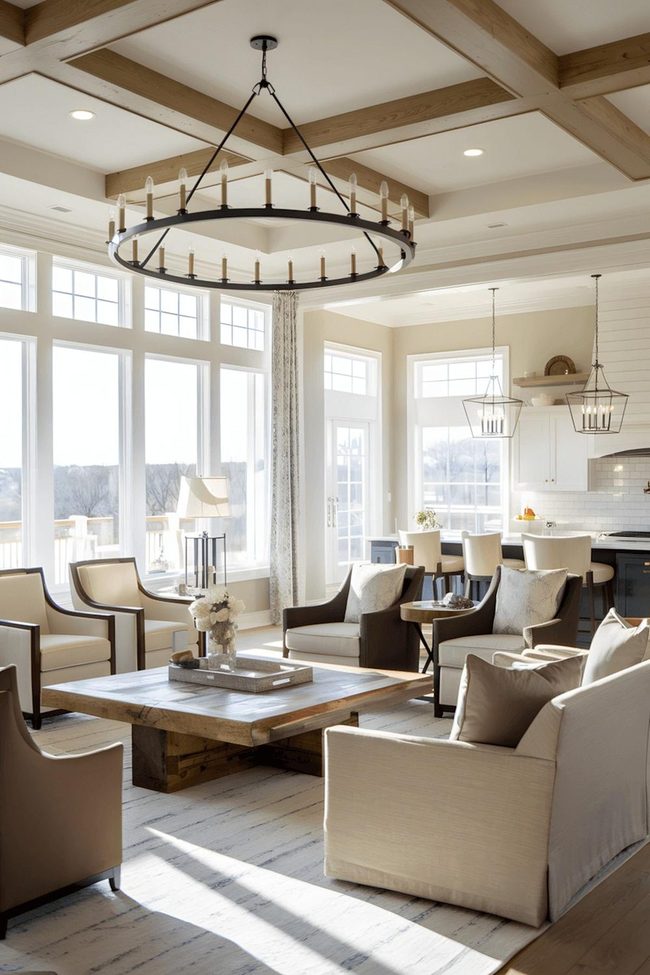 Black Chandelier Over Wooden Beams