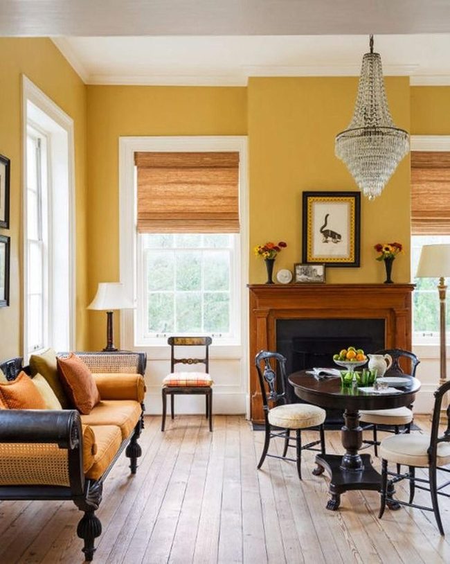Yellow Walls, Crystal Chandelier, Warm Gathering Space