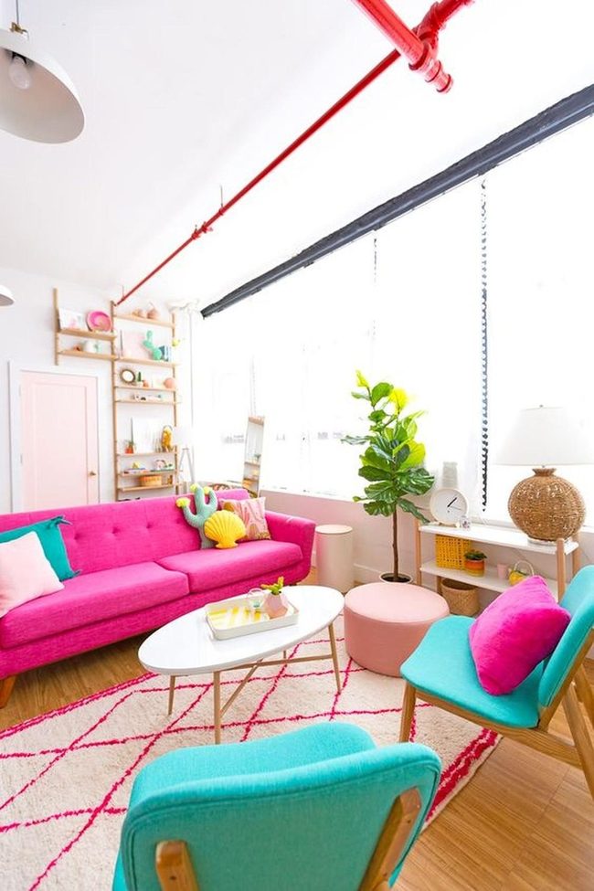 Pink Sofa With Teal Accents