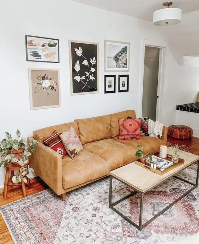 Tan Leather Meets Red Pillows