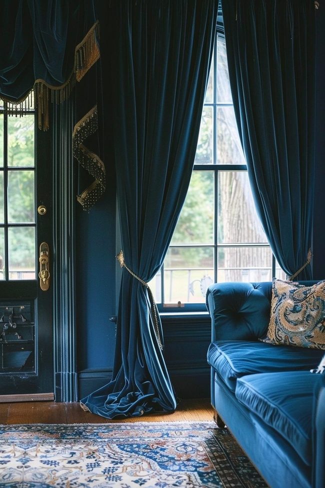 Deep Blue Velvet Floor-To-Ceiling Drapes