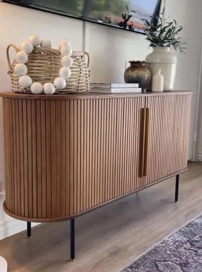 Vertical Grooved Wood Cabinets With Black Legs