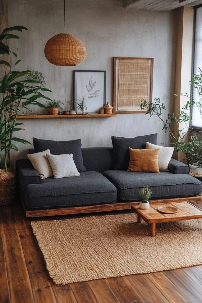 Dark Grey Sofa, Natural Wood, Stone