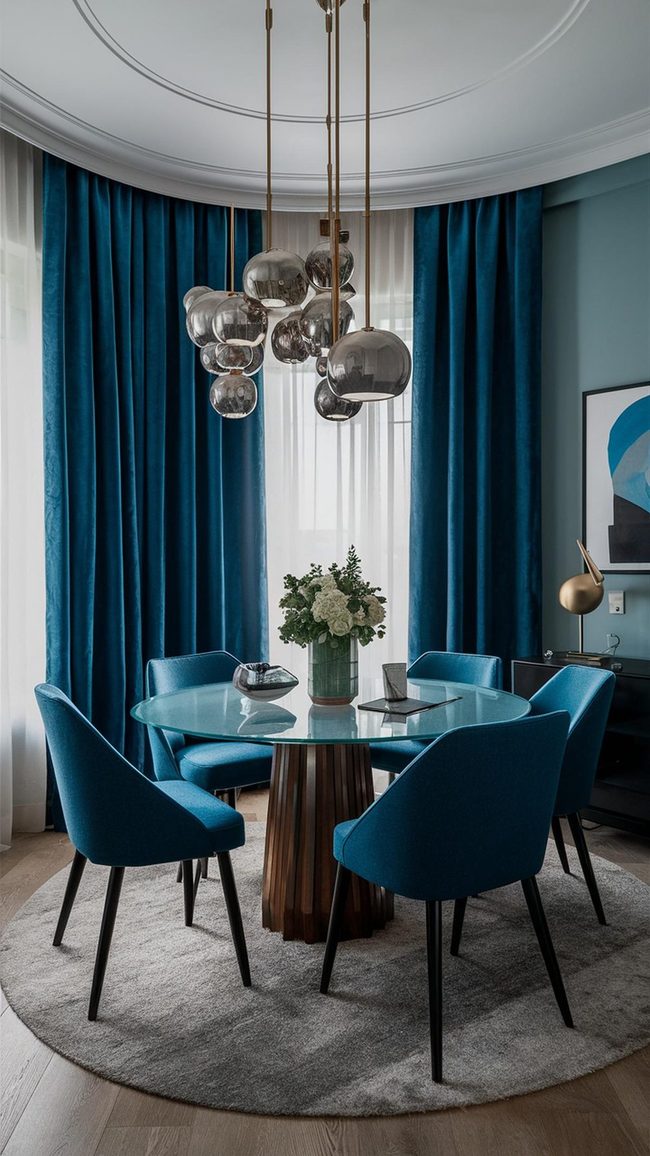 Gray Velvet Curtains with Blue Accents