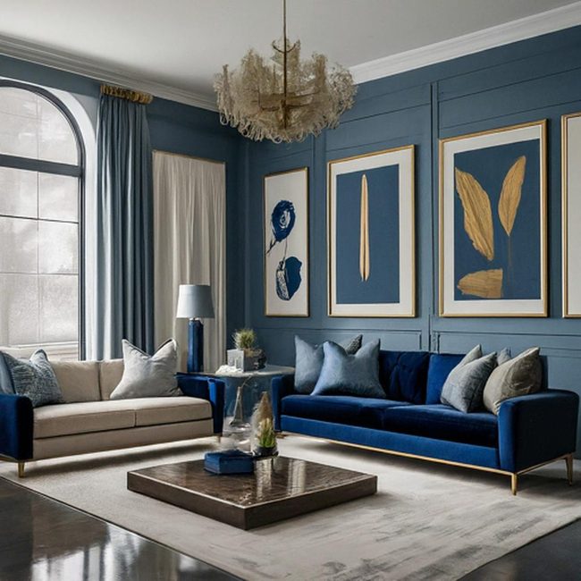 Blue Velvet Sofa With Gold Accents