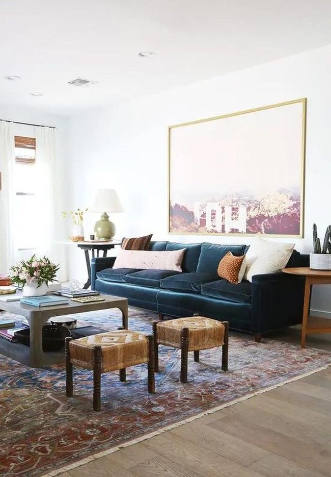 Dark Blue Sofa With Earthy Warmth
