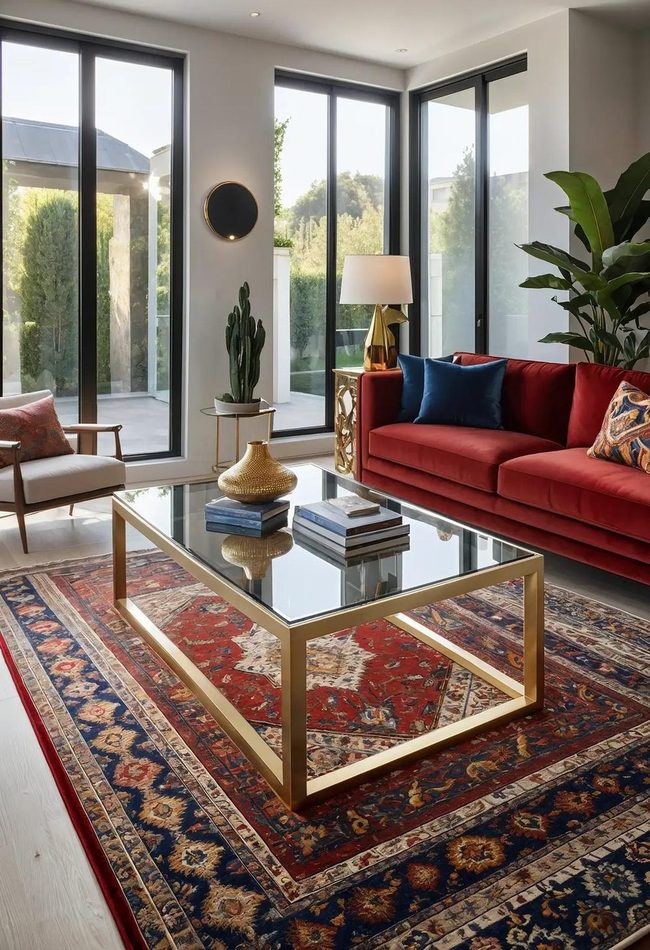 Persian Rug Anchors Earthy Wood Coffee Table