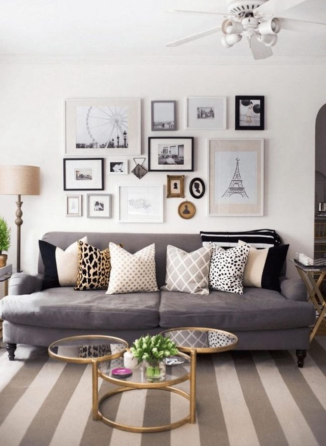 Light Walls, Gold Glass Tables, Gray Comfort